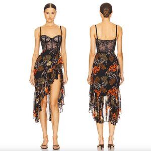NEW Katie May Take a Sip Midi Dress in Black 70's Floral Red Lace Corset XS